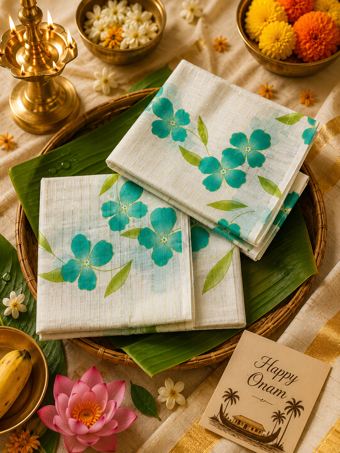 MK5878 - Set Mundu - Cotton Gada Strip 2Col Flower - Aqua Green