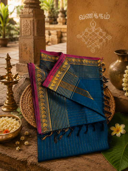CHT001 - Chettinad Check Saree -Light Shaded Blue