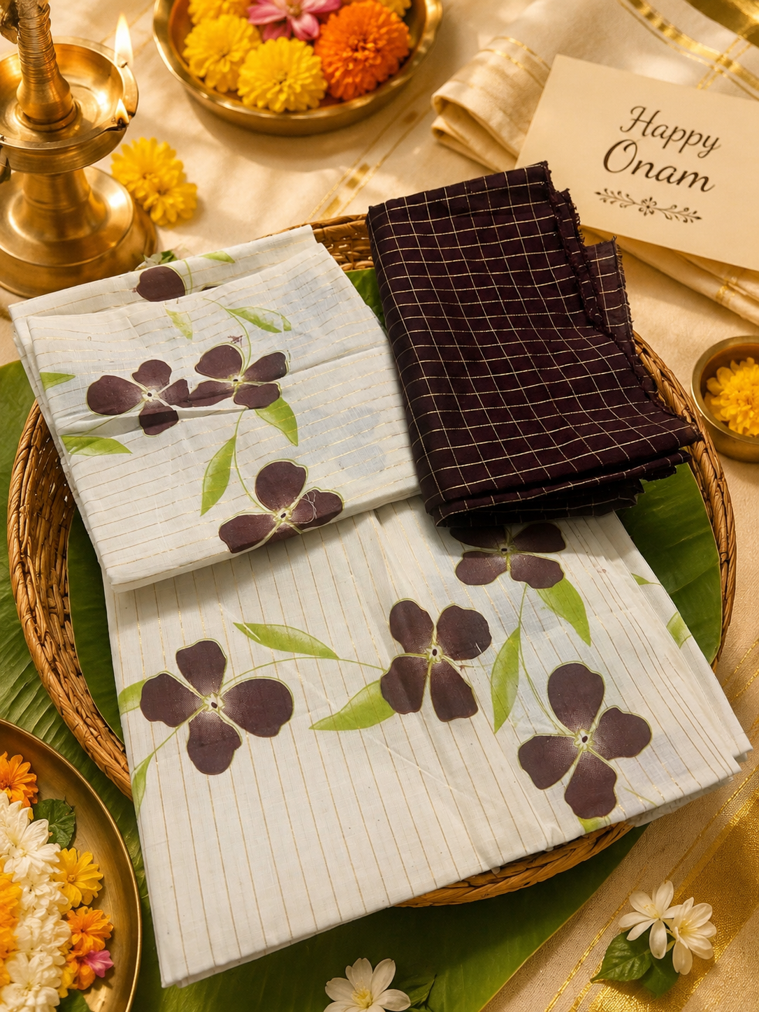 MK5878 - Set Mundu - Cotton Gada Strip 2Col Flower - cofee brown
