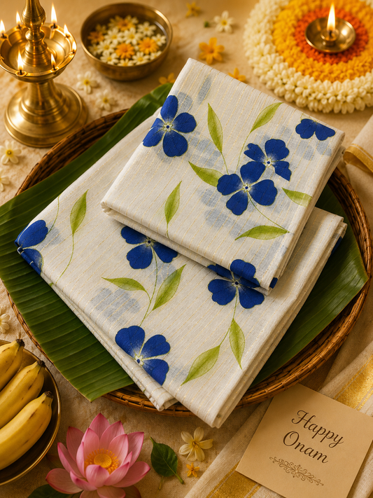 MK5878 - Set Mundu - Cotton Gada Strip 2Col Flower - Blue