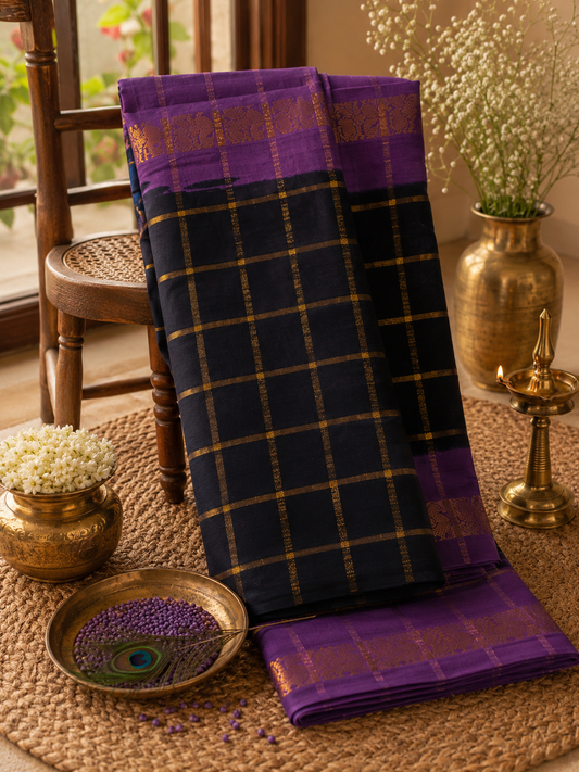 PVT3452 - PavithraKattam - Blue body purple pallu square pattern