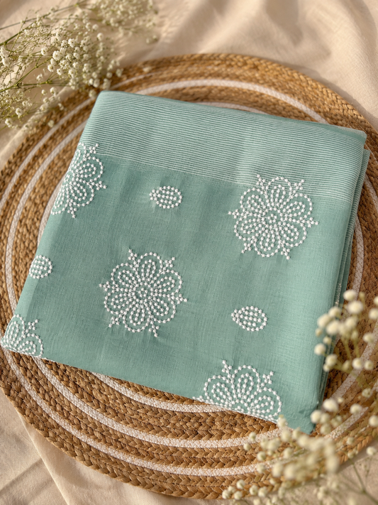 EMB003 - Floral Embroidered Cotton Saree – Mint Green Elegance