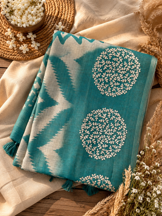 EMB005 - Ikat Inspired Cotton Saree with Floral Embroidery – Teal Blue Elegance