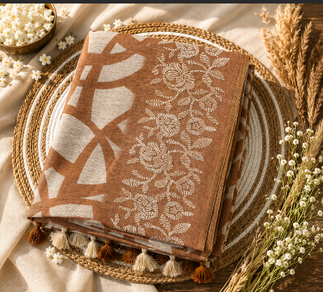 EMB006 - Printed Cotton Saree with Floral Embroidery – Earthy Brown &amp; Beige