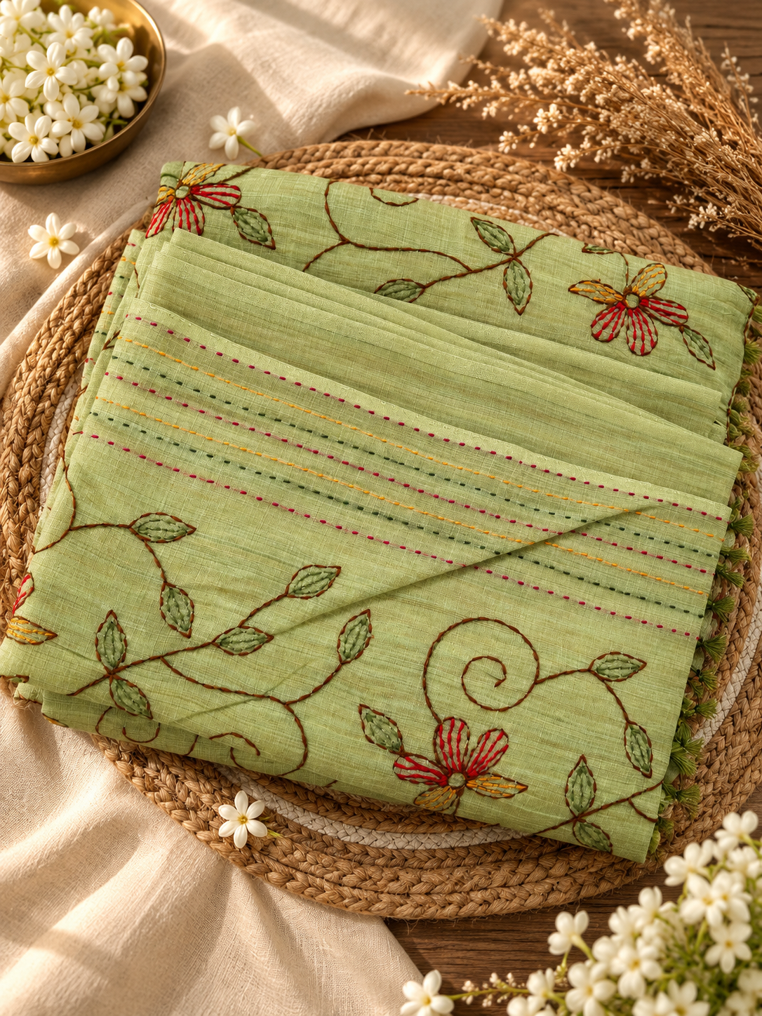 EMB007-Embroidered Linen Cotton Saree – Sage Green Floral Elegance