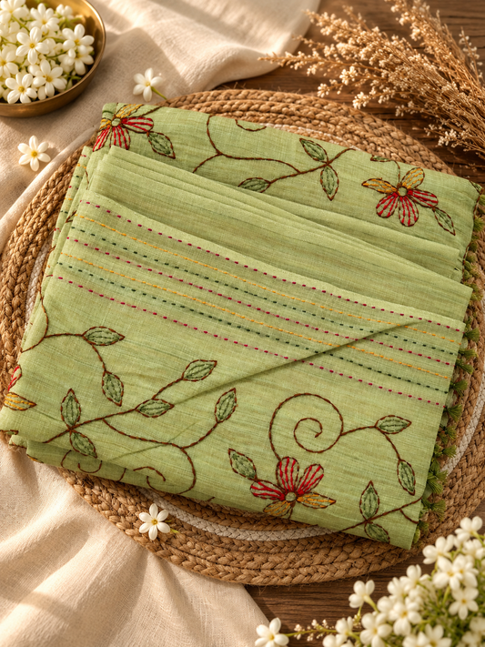 EMB007-Embroidered Linen Cotton Saree – Sage Green Floral Elegance