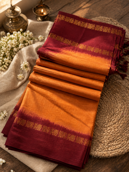 SUN0015 - Sungudi mustard body paired with a rich maroon pallu and border
