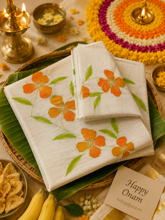 MK5878 - Set Mundu - Cotton Gada Strip 2Col Flower - Orange