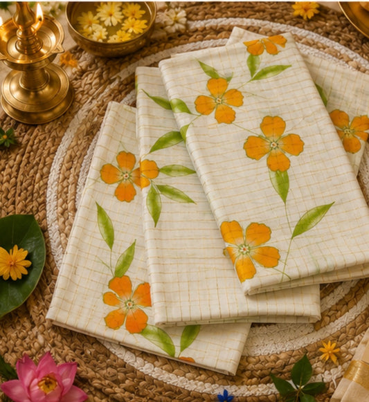 MK5878 - Set Mundu - Cotton Gada Strip 2Col Flower - Yellow