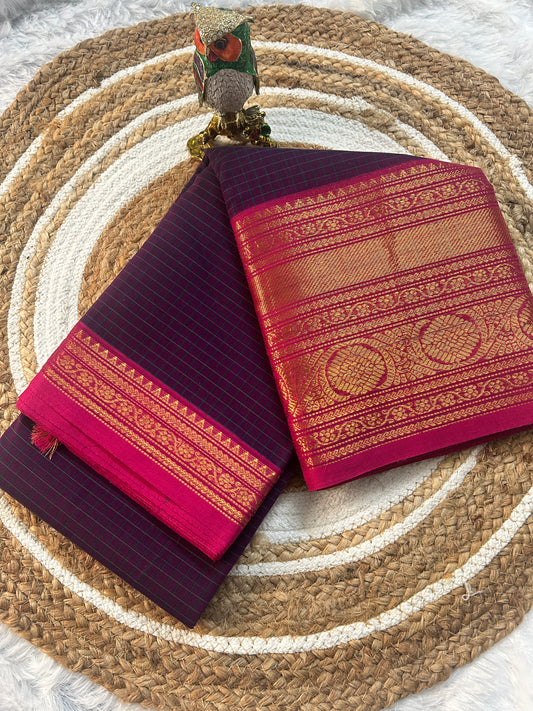 CHT004- Chettinad Check Saree -deep purple with subtile green stripes