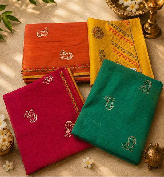 Linen Cotton with Mono Embroidary with plain blouse with  meenakari border