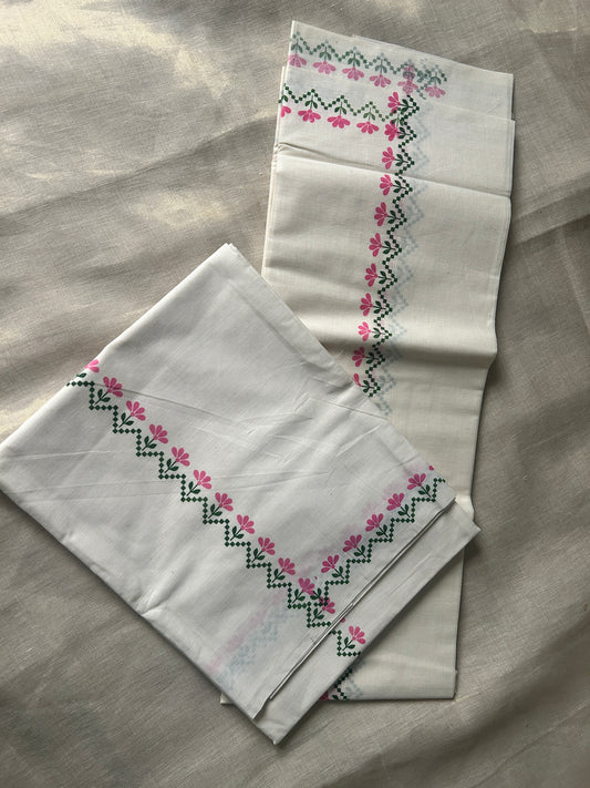 MK5866 - Cotton Gada small flower  set mundu - pink & green