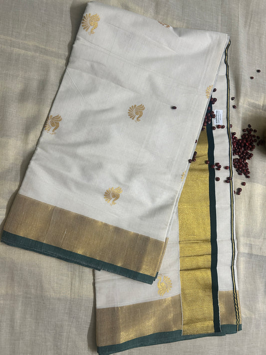 Mk5075- 3 C/J Single Print Saree - green and Kasavu border and peacock motif