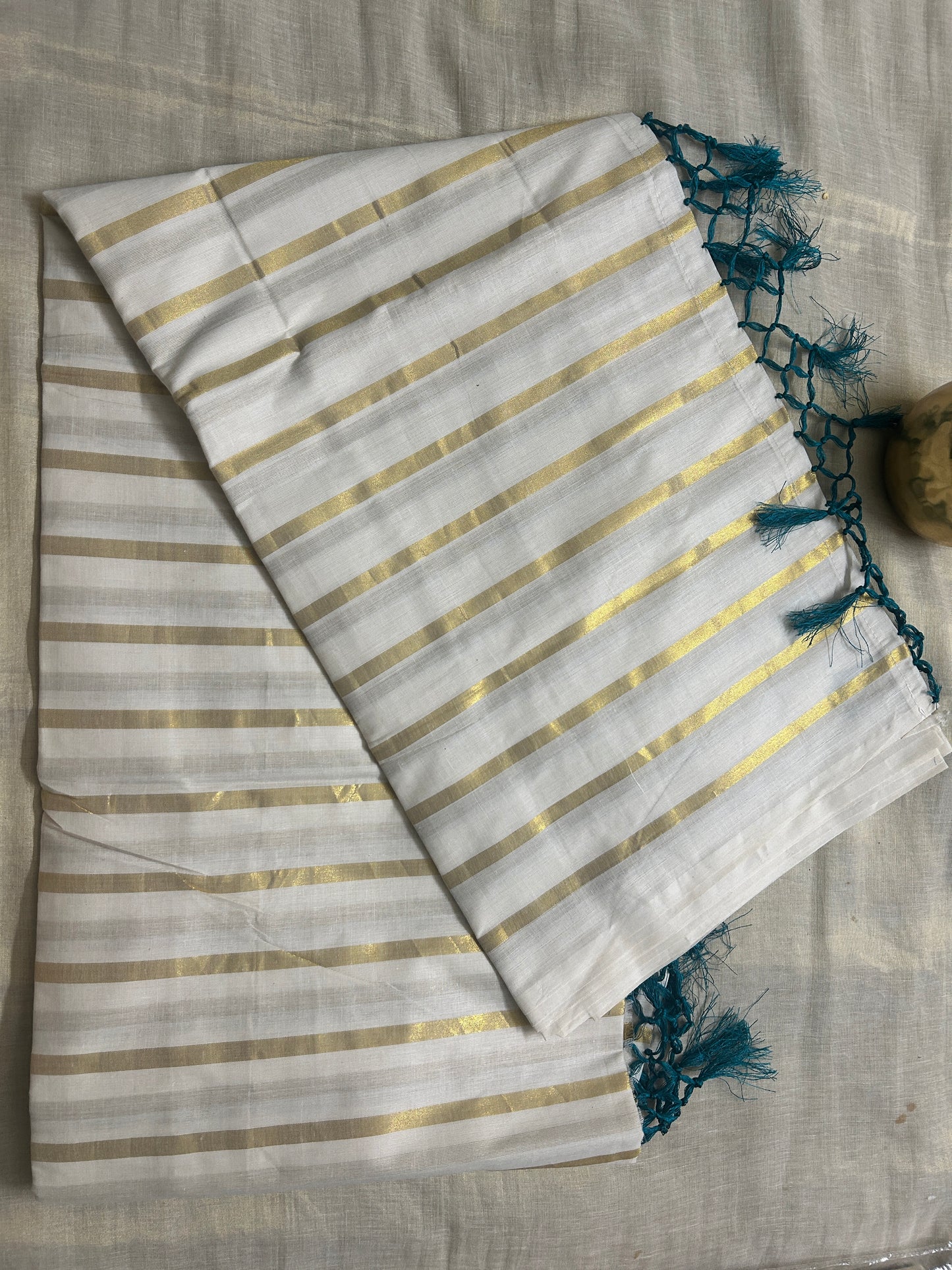 MK5080 -Cotton Stripe Saree 6.25 mtr - Aqua Green Tassles