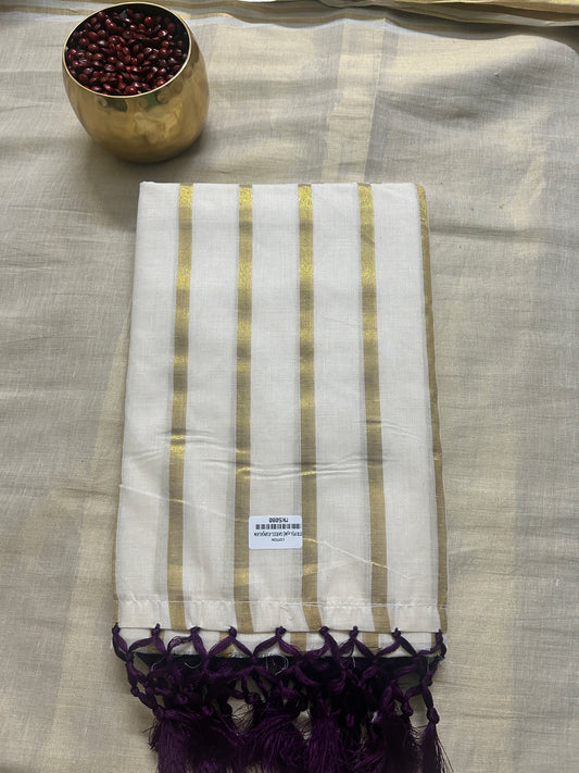 MK5080 -Cotton Stripe Saree 6.25 mtr - Purple Tassles