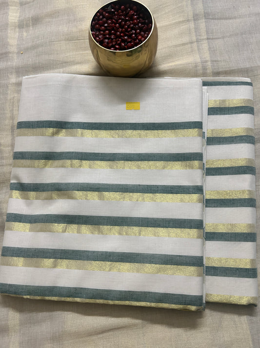 MK5300 - Cotton Pallu Stripes Green & golden color
