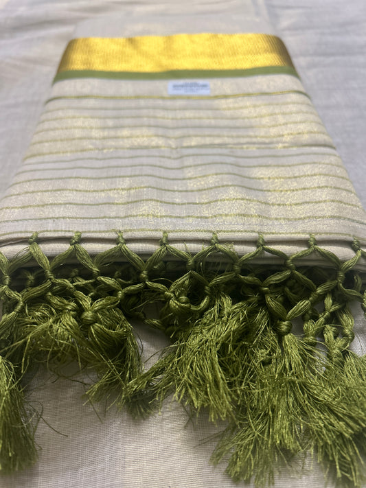 MK2141 - Tissue Saree Colour Fancy Stripes +Green Tassles 6.25 mtr