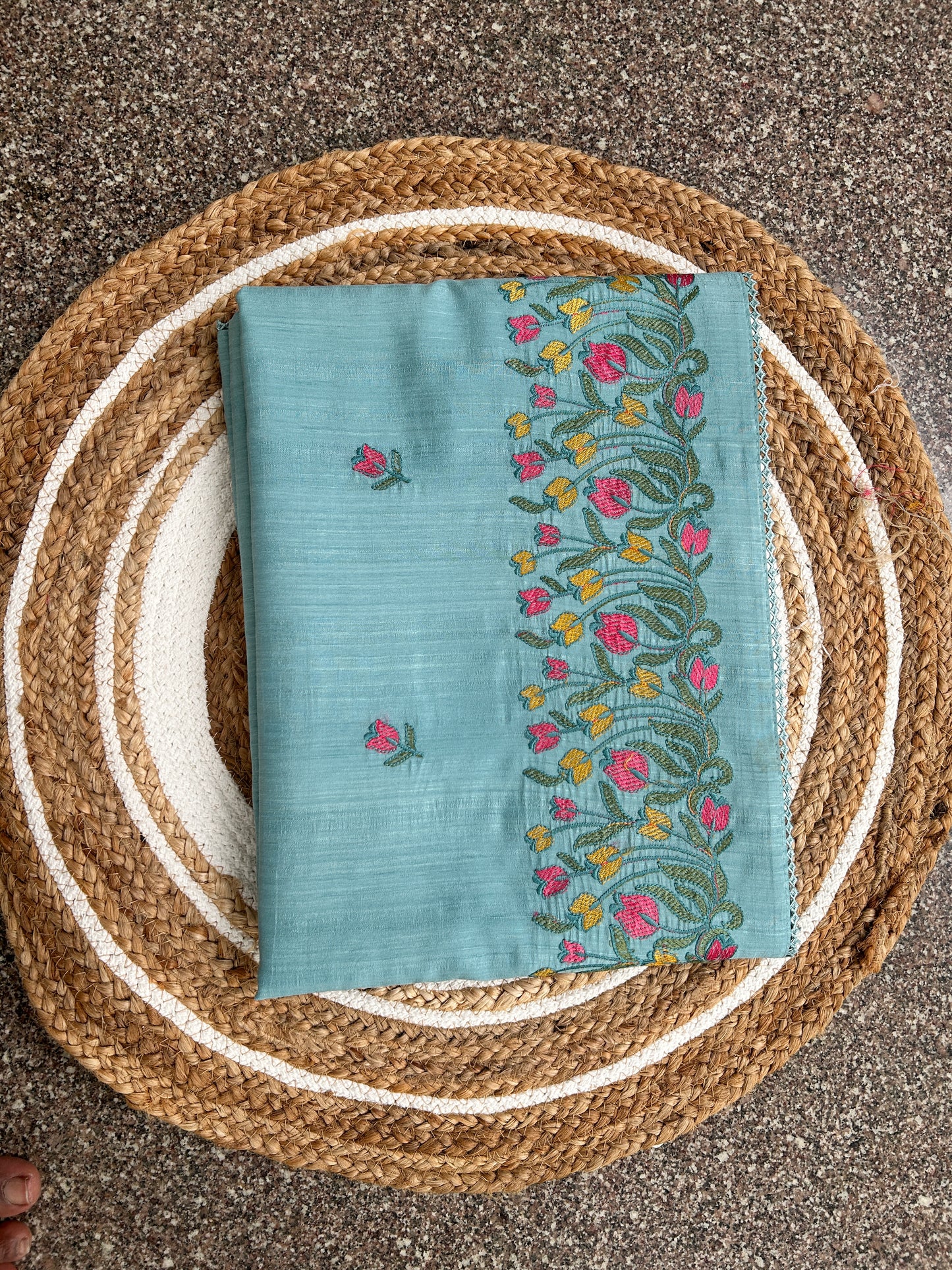 EMB001 - Embroidered Linen Cotton Saree – Pastel Blue Floral Elegance