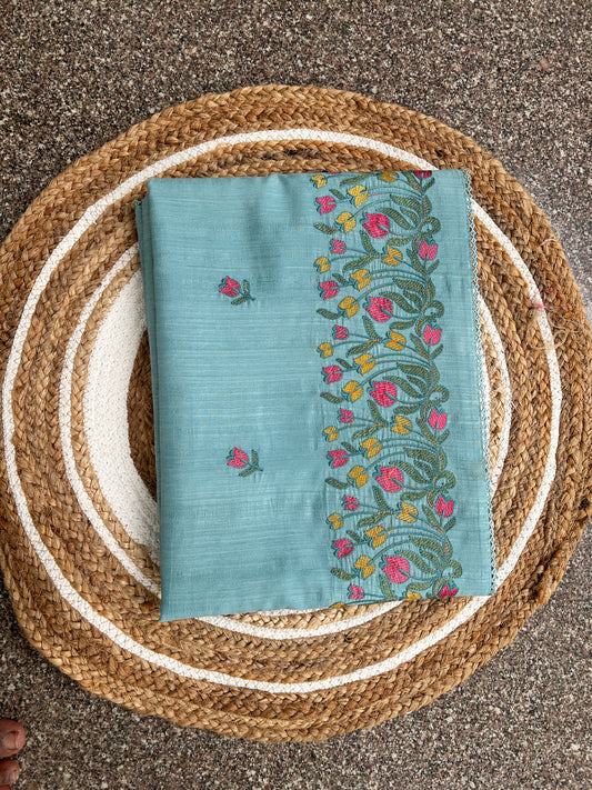 EMB001 - Embroidered Linen Cotton Saree – Pastel Blue Floral Elegance