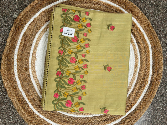 EMB002 - Embroidered Linen Cotton Saree – Olive Green Floral Elegance
