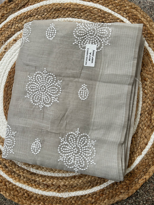 EMB004 - Elegant Embroidered Cotton Saree – Stone Grey with White Floral Embroidery