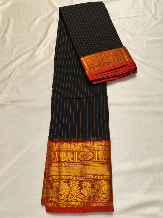 Narayanpet Pure Handloom Cotton - Big Border black stripes and Red big border