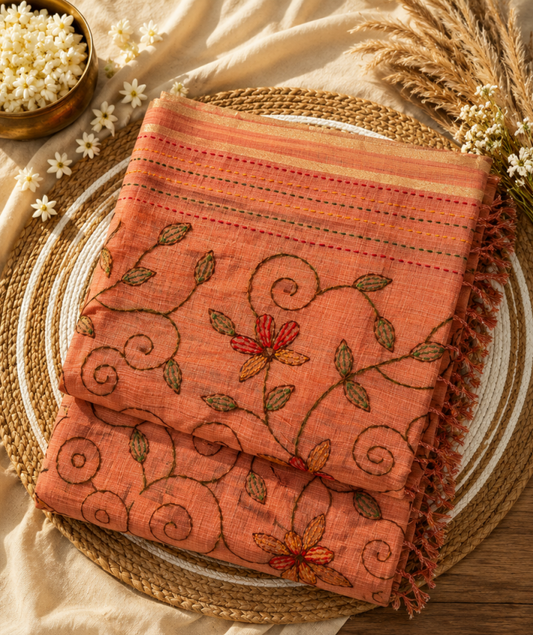 EMB008 - Embroidered Linen Cotton Saree – Coral Peach Floral Elegance