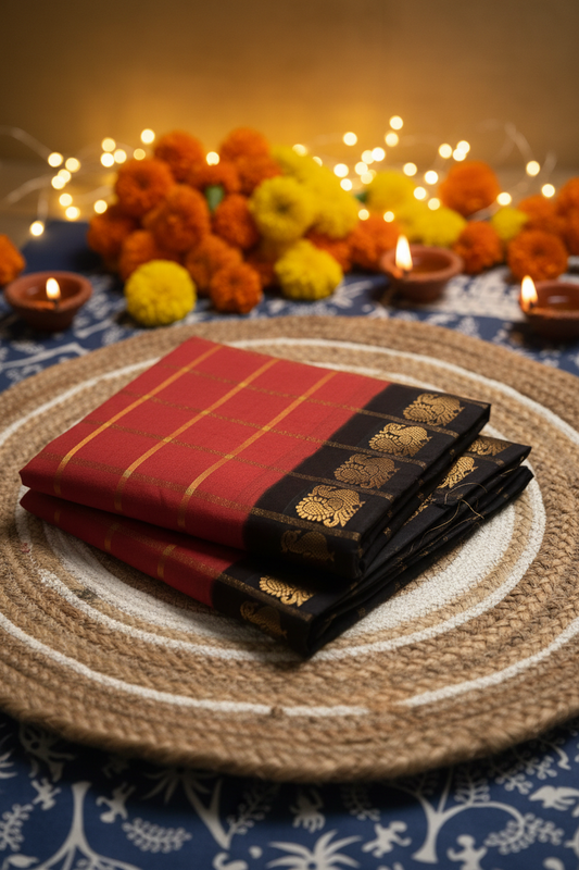 Red Chettinad cotton saree with gold zari and black border